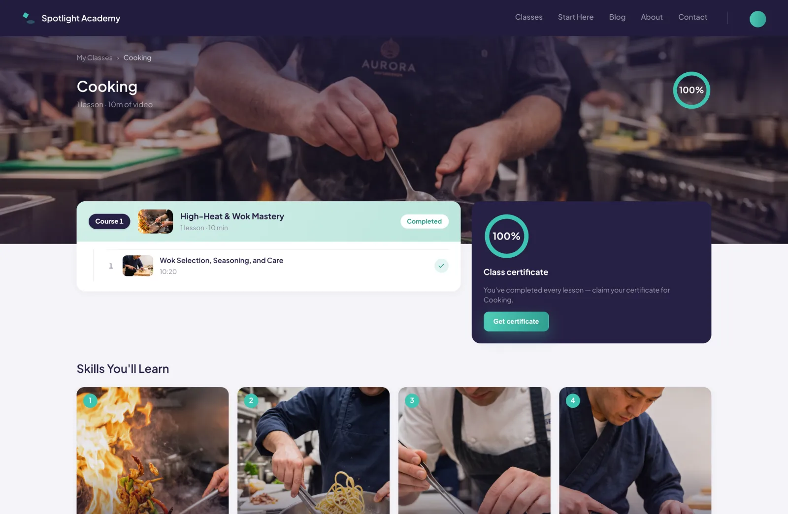 A class on a live academy — the course, its lessons and an automatic completion certificate